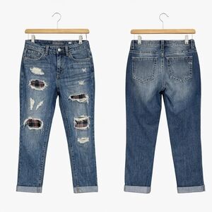 Miss Me Jeans 28 Boyfriend Ankle Distressed Patch Plaid Denim Trendy Grunge